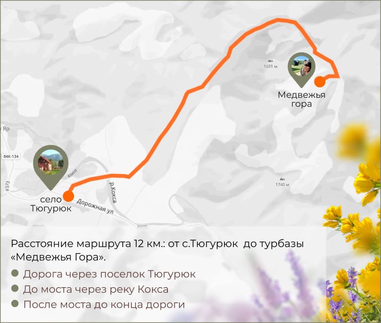 Схема проезда от села Тюгурюк до базы отдыха «Медвежья гора»